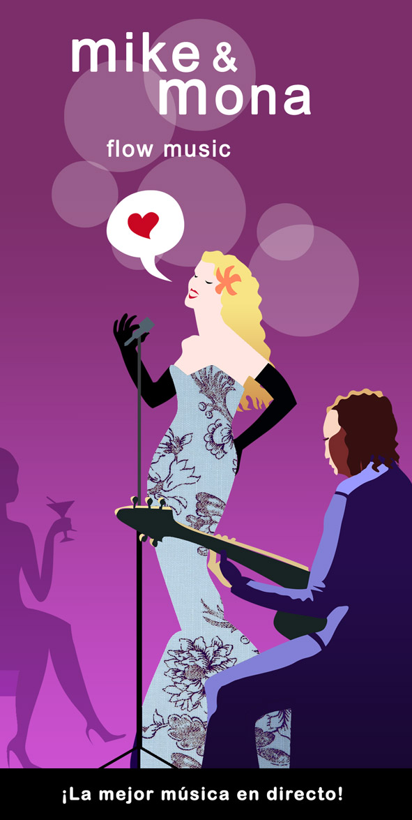 Cartel ilustrado de Mike y Mona Flow Music: dibujo de Mona cantando y Mike a la guitarra sobre fondo morado, obra de María Trenor