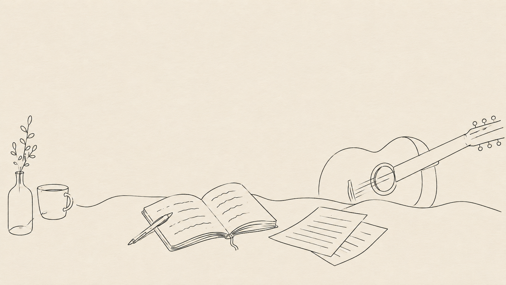 Ilustración de un cuaderno abierto, una guitarra, papeles y una taza de café