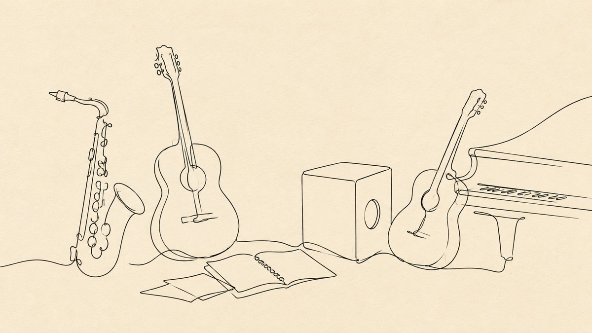 Ilustración de instrumentos: saxofón, guitarras, cajón y piano